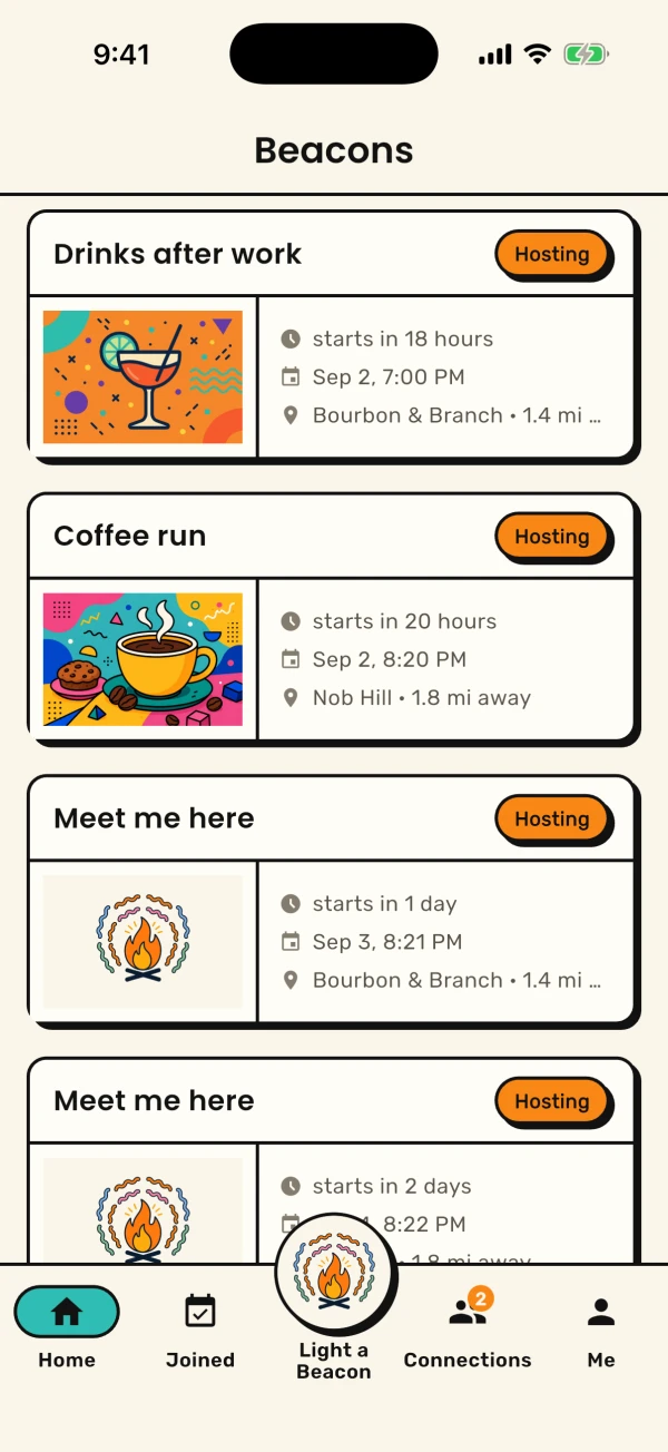 The Beacons feed on an iPhone: beacons you are hosting, such as Drinks after work and Coffee run, each with a time and a place, on a cream ground with ink outlines.