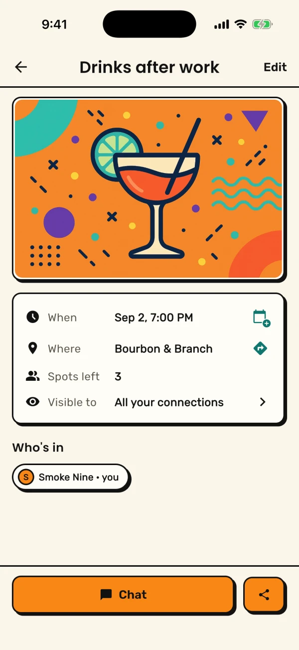 The beacon Drinks after work: when, where, spots left, visible to all your connections, and who is in — Smoke Nine, you.
