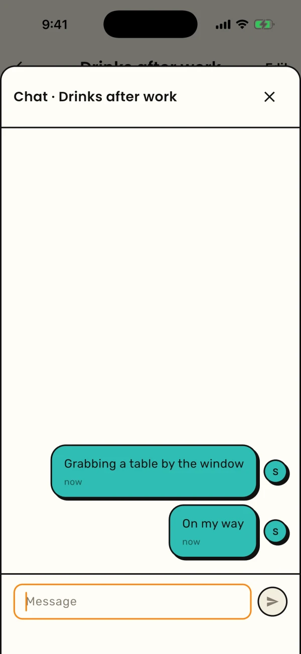The chat for Drinks after work, with two short messages from Smoke Nine.